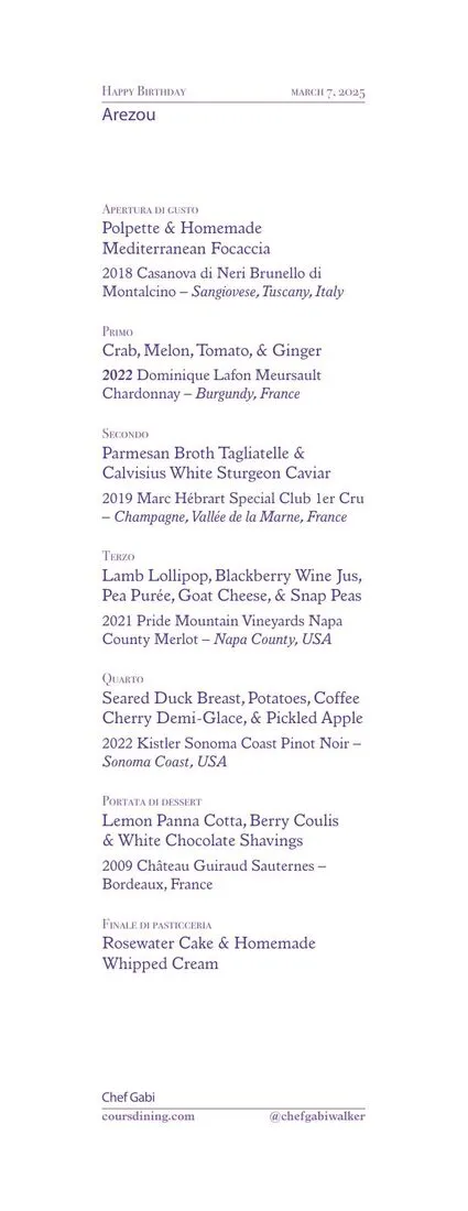 Fine dining menu sample